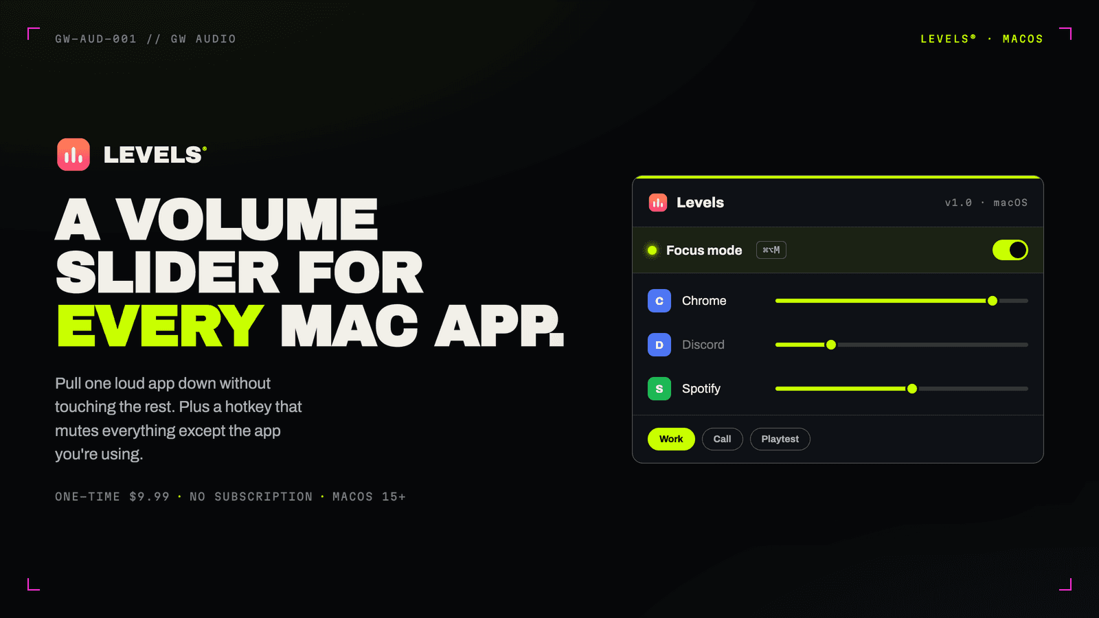 Levels: a per-app volume mixer for macOS, with focus mode and the three app sliders